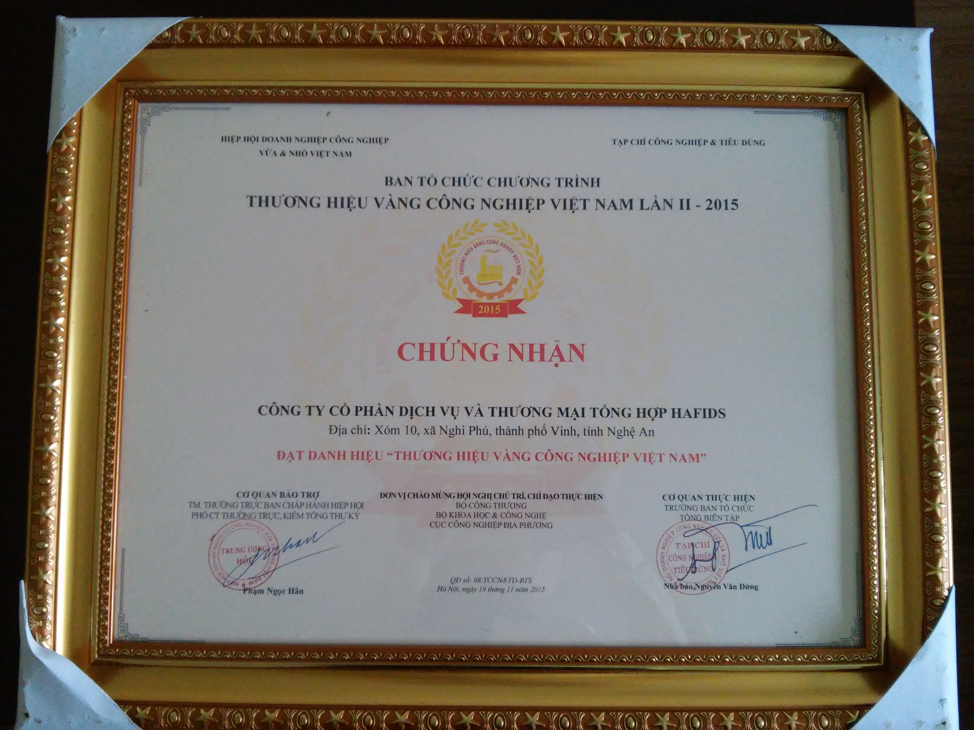 Công ty HAFIDS vinh dự nhận giải thưởng “Thương hiệu vàng công nghiệp Việt Nam năm 2015” 